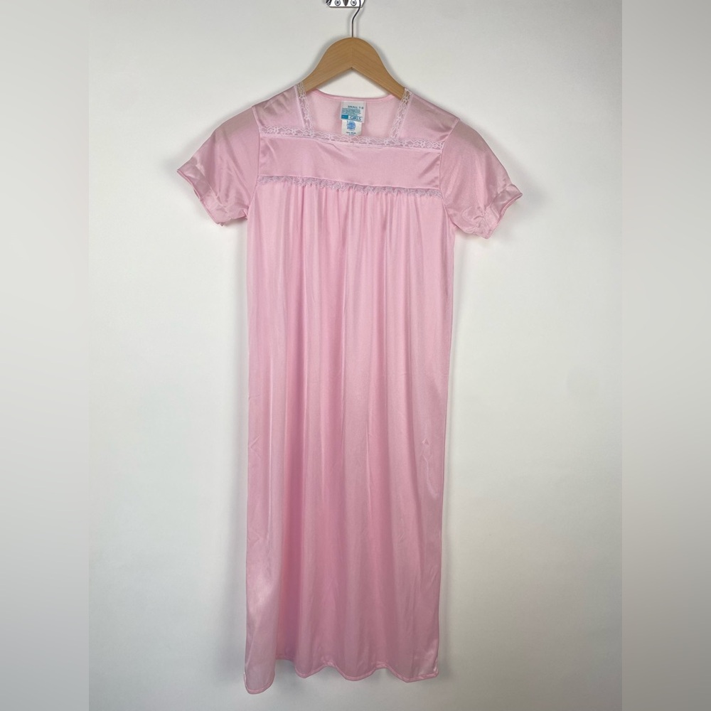 Vintage Sears‎ Girls Nightgown Pink Nylon Lace Trim 7-8 Small Sleepwear